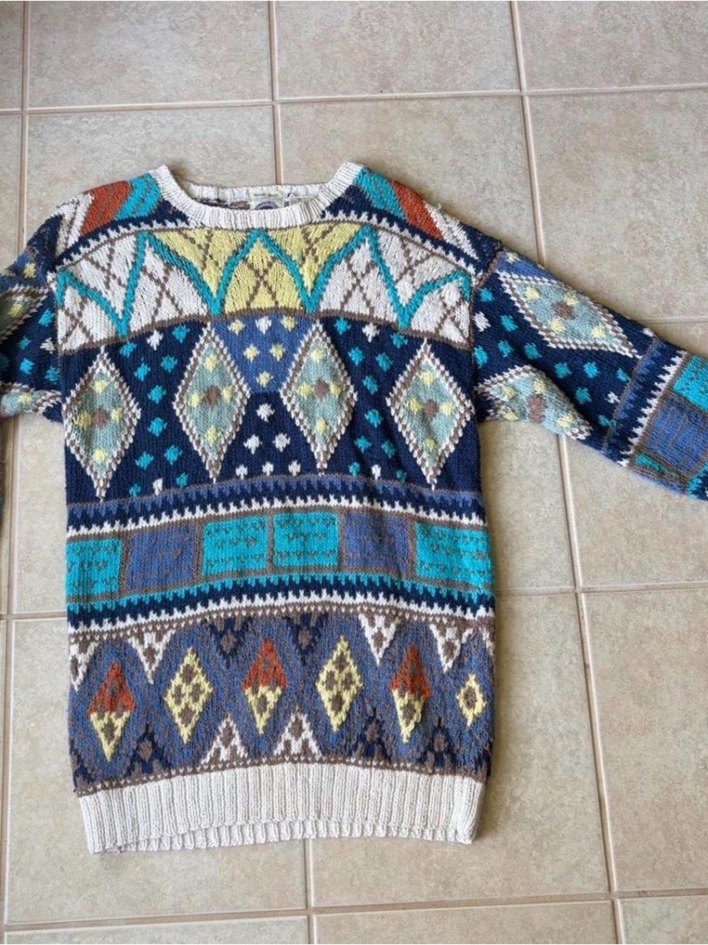 Men's Multicolor Vintage Geometric Crewneck Sweater - Blue/Turquoise